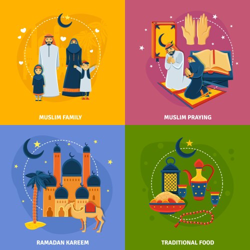 Islam religion icons quran mosque mecca Royalty Free Vector