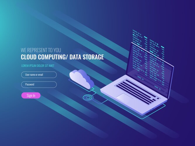 Cloud computing concept open laptop with vector image