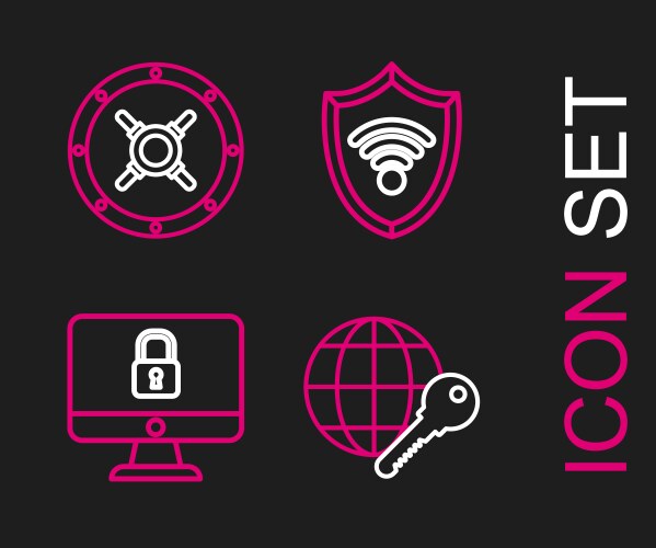 Set line globe key lock on computer monitor vector image