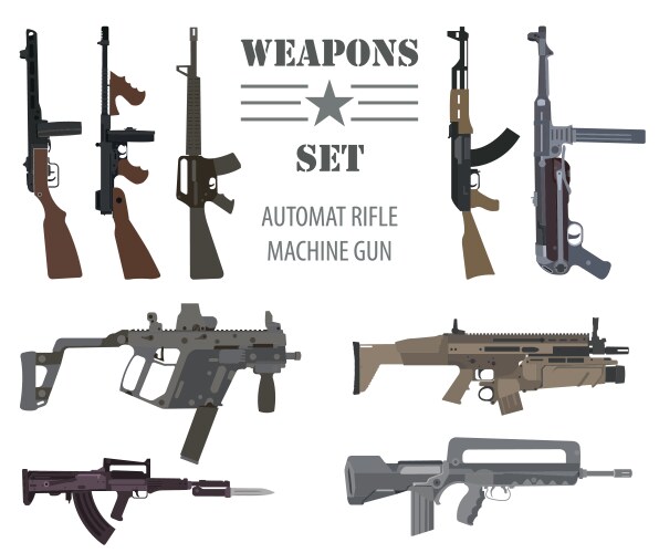 firearm set automatic rifle machine gun flat vector image