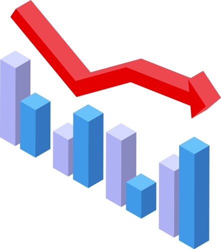 Red arrow pointing down over decreasing graph bars vector image