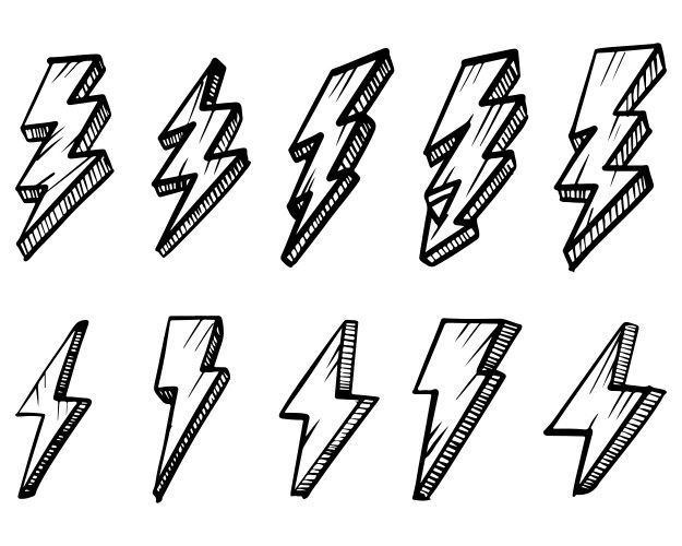 Set hand drawn electric lightning bolt symbol vector image