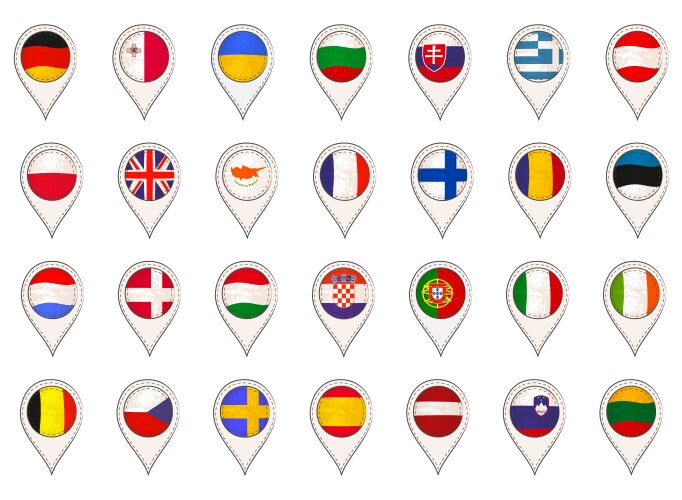 Set with eu flags made as map pointers vector image