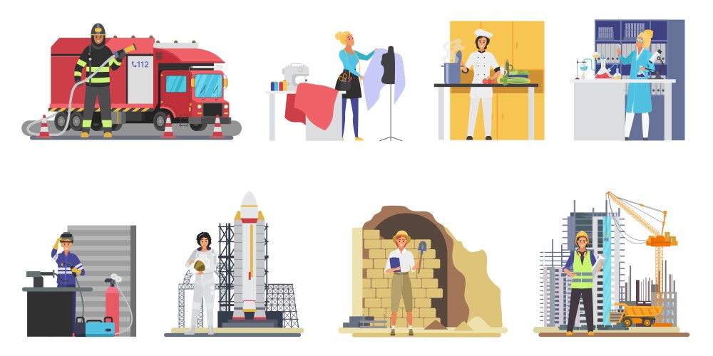 women of different professions at workplace set vector