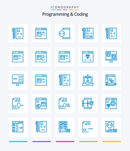 Creative programming and coding 25 blue icon pack vector image