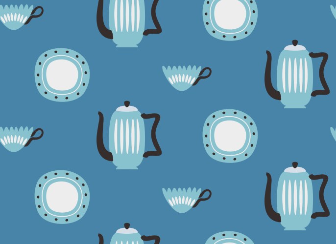 Seamless pattern with blue tea set vector image