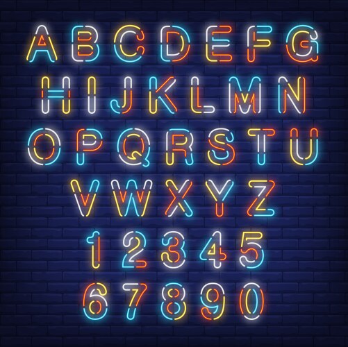 English alphabet and numbers colorful neon sign Vector Image