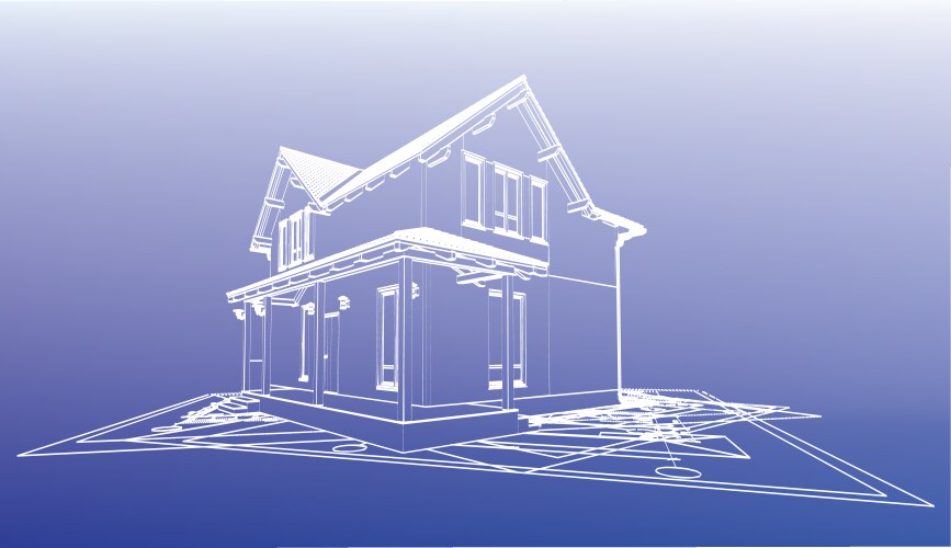 Wireframe building over blueprint Royalty Free Vector Image