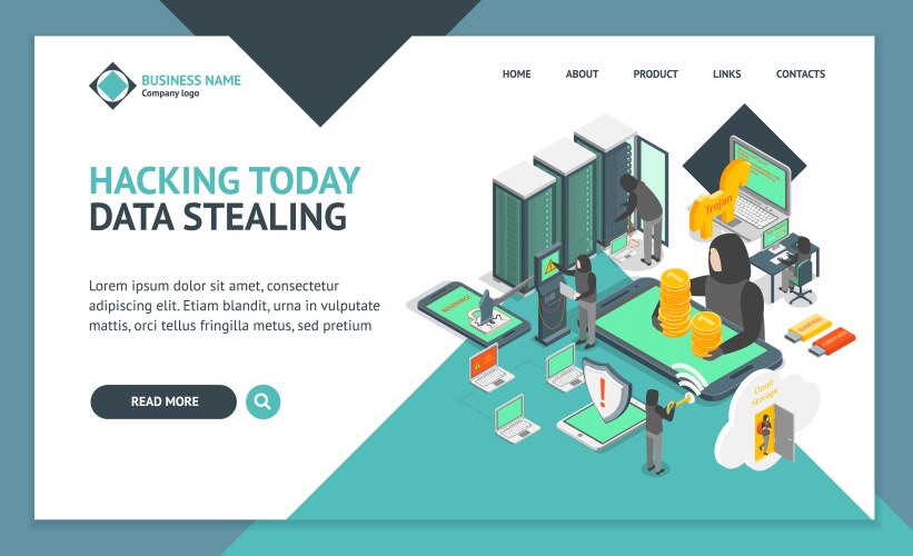 Hacker landing web page template 3d set isometric vector image