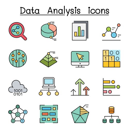 Database data and graph icon set in color line vector image