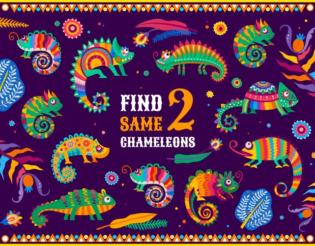 Find two same mexican chameleon lizards kids game vector image