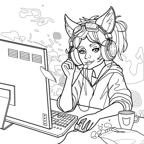 Girl gamer or streamer with cat ears headset sits vector image