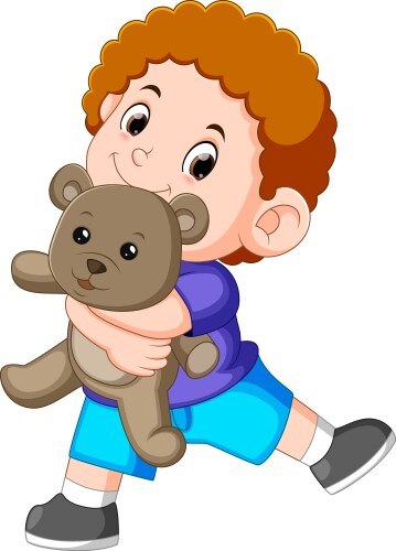 a boy happy play with the grey teddy bear vector