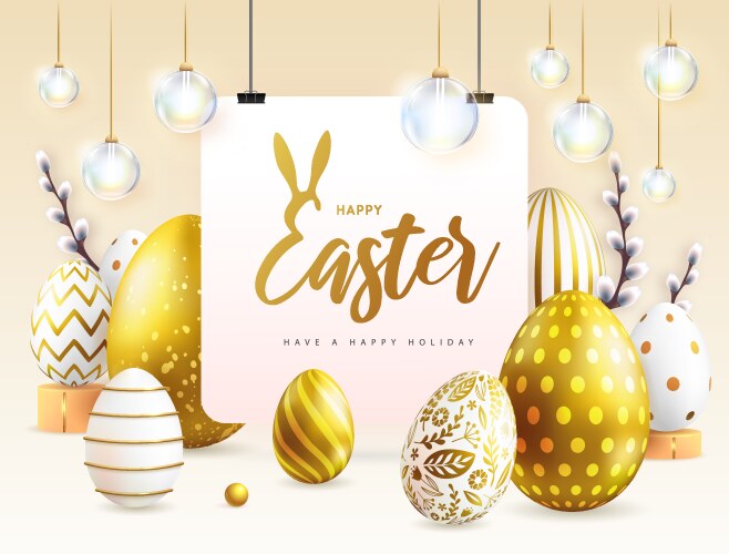 Easter holiday background with golden eggs vector image