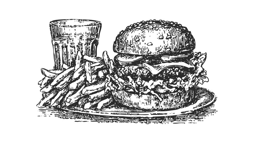 Hand-Drawn Burger and Fries Meal Vector Image