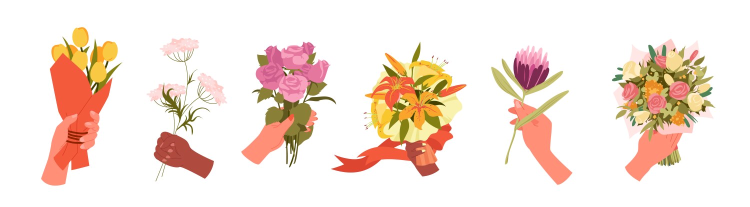 Hands greeting with bouquet of wild and garden Vector Image