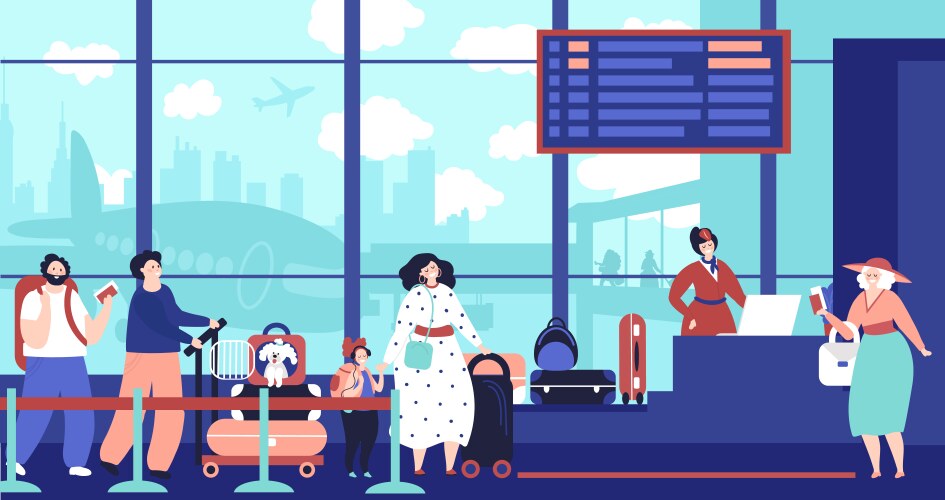 Airport check in queue girl waiting plane vector image