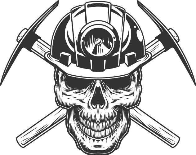 Monochrome Miner Skull with Pickaxes Vector Image