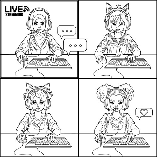 video conference of diverse girls ith cat ears vector