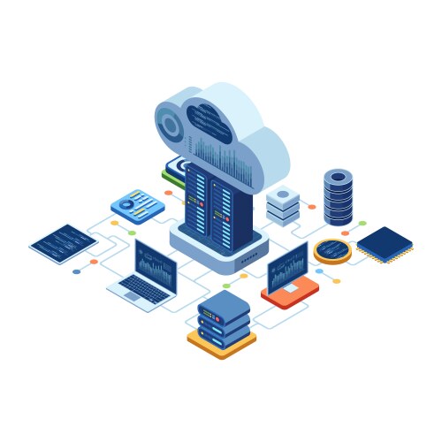 Isometric cloud based solution with data center vektorbild
