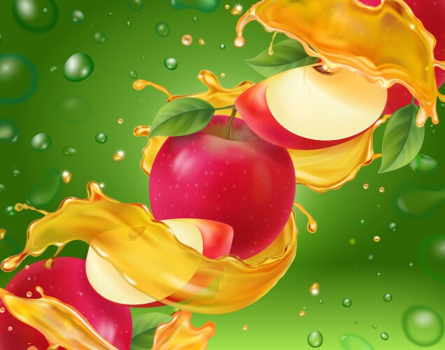 apple realistic splashing juice 3d with red apples vector image