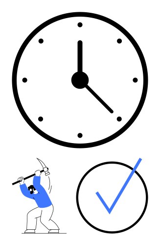 Worker with pickaxe mining time under a clock vector image