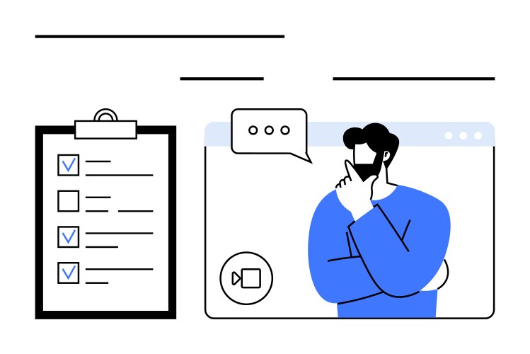 Thoughtful man in virtual meeting with checklist vector image