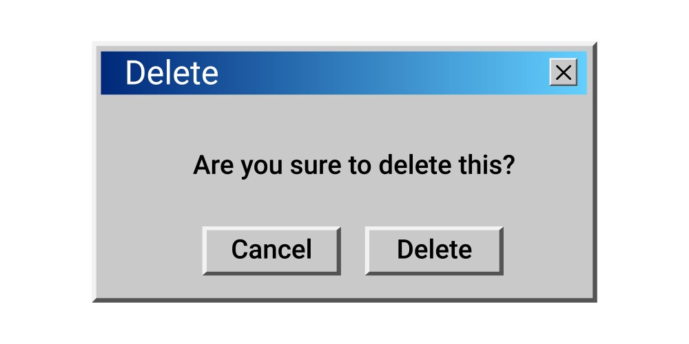 Old delete message on screen notification about vector image