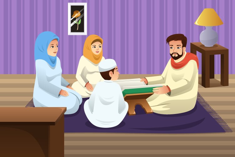 muslim family studying quran at home vector image vector image