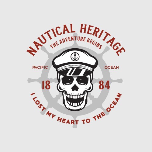 Nautical t shirt print with steering wheel skull Vector Image