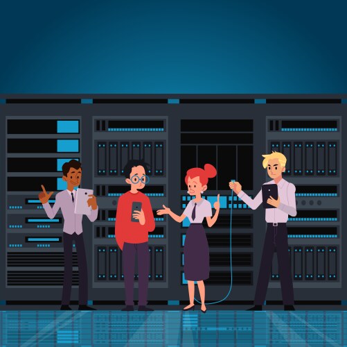 People working data center room or computer server vector image