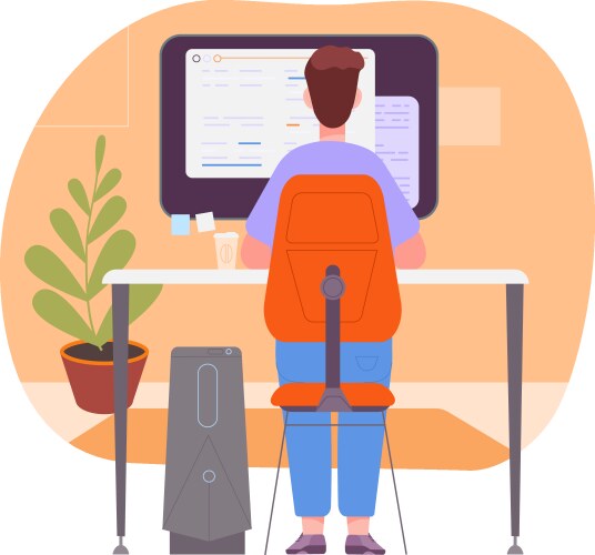 Man Working at Computer Desk - Back View vector image