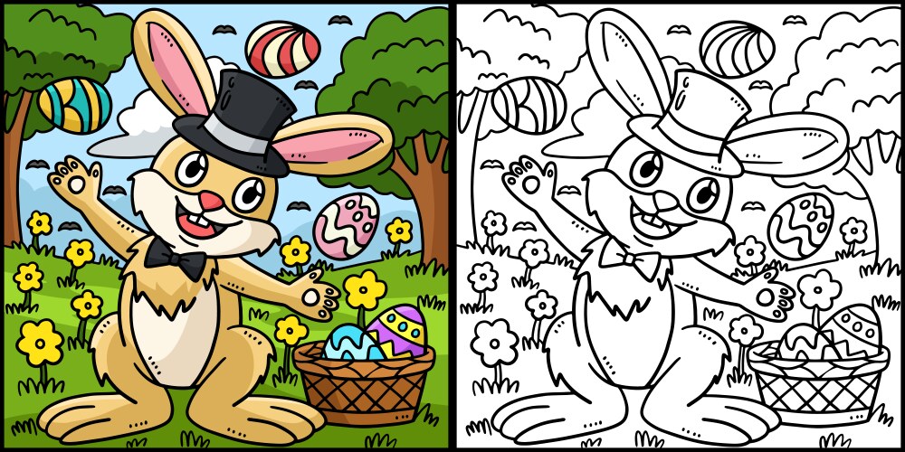 Bunny juggling easter eggs isolated coloring page Vector Image