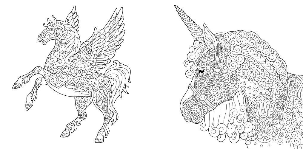 Coloring pages with unicorn and pegasus Vector Image