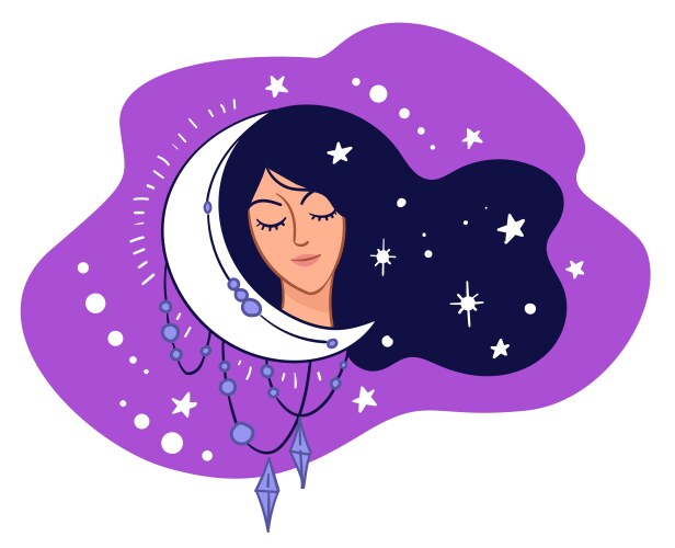 Sleepy woman with crescent moon and shining stars Vector Image