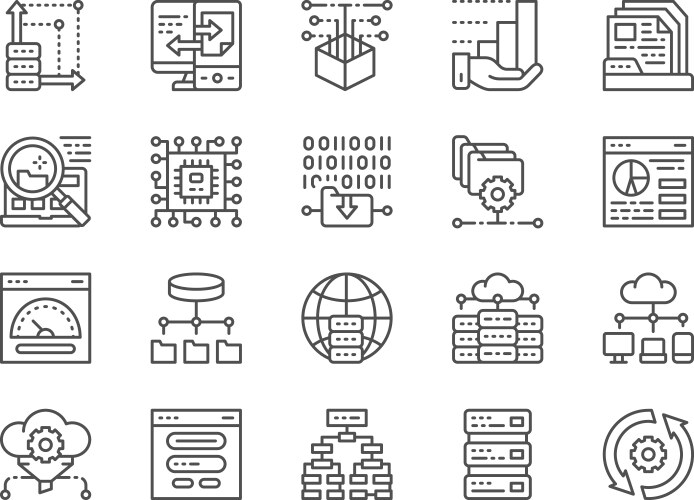 Set data analysis line icons hosting program vector image