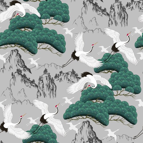 Japanese Crane Pattern - Seamless Vector Image