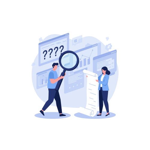 Analyzing data with magnifying glass and long vector image