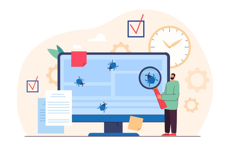 Tiny programmer testing software and fixing bugs vector image