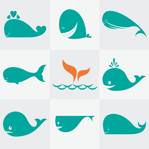 Whale among sea waves and splashes icon set Vector Image