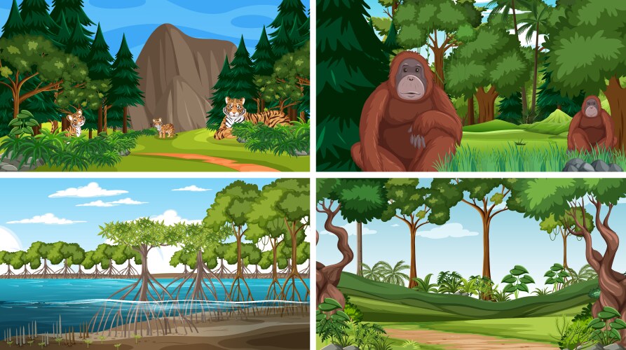 Different forest scenes with wild animals Vector Image