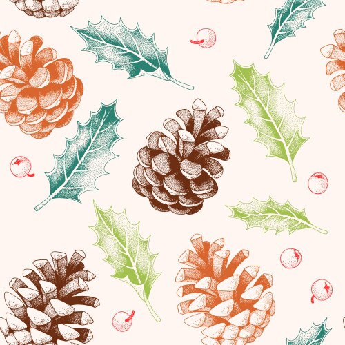 Seamless pattern with holly leaves and pine cones Vector Image