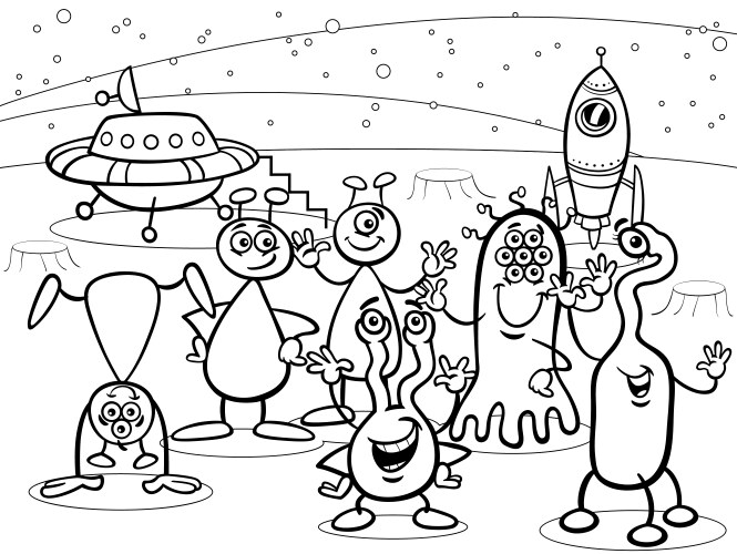 Cartoon ufo aliens group coloring book vector image