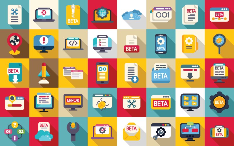 Beta version icons set flat build code bug vector image