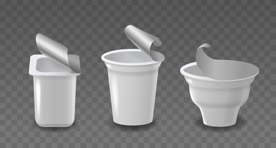 Set of three open yogurt containers in a different vector image