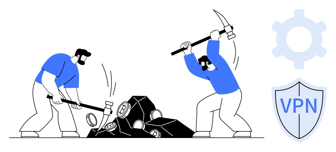 Workers mining digital blocks with tools vector image