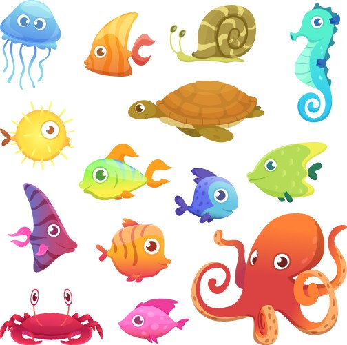 Colorful Underwater Animals - Ocean Fish & Octopus Vector Image