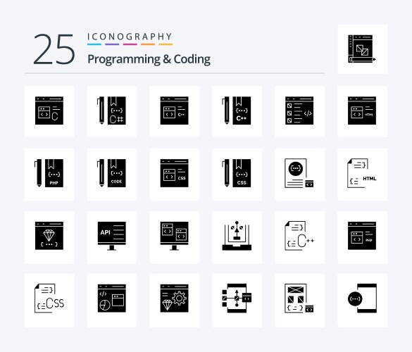 Programming and coding 25 solid glyph icon pack vector image