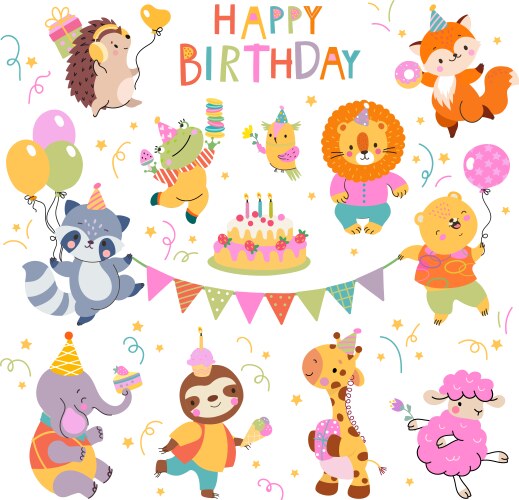 Birthday party animals woodland animal with cake vector image