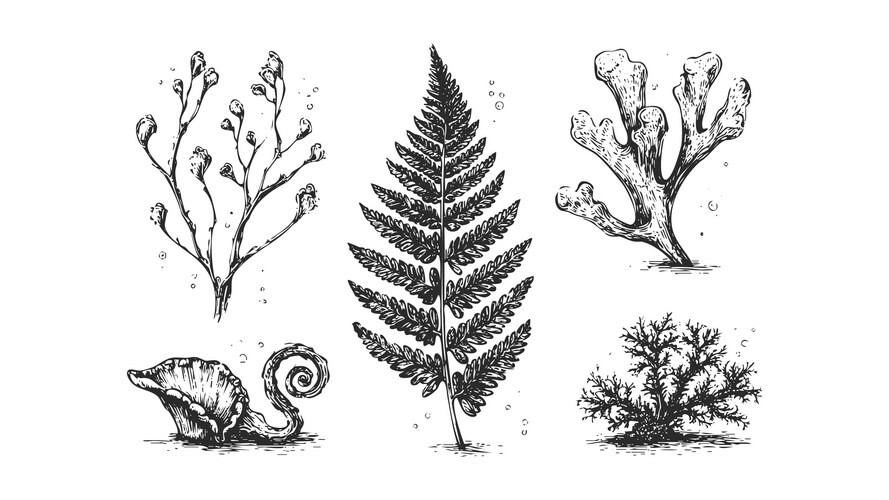 Botanical Line Drawings - Ferns & Marine Vector Image
